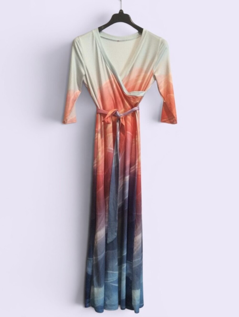 Multiicolor Vneck Faux Wrap Maxi Dress With Sleeves Pink Orange Purple